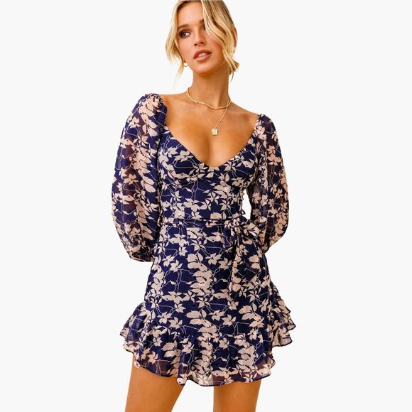 NWT PETAL + PUP Floral Puff Sleeve Ruffle Hem Mini Dress (Navy/Beige | Size 4) - Picture 4 of 11